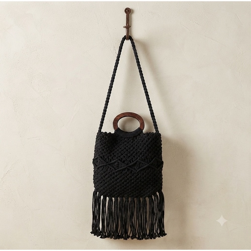 Danielle Nicole Black Macrame Crossbody Bag Wooden Handle Fringe Tassel Boho